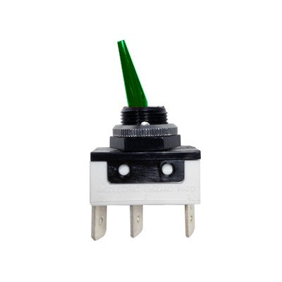 Illuminated Toggle Switch - SPST 16A, ON-OFF, 12VDC Lamp, Green Paddle (30-892)