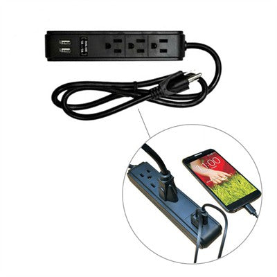 3 Outlet Power Bar With 2 USB Ports, Black (EK4058)