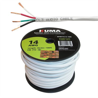 High Performance Speaker Wire, In-Wall, 14AWG, 4 Conductor, 100ft Roll (SPW14-4-100)