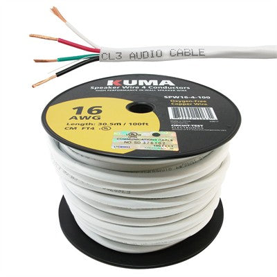 High Performance Speaker Wire, In-Wall, 16AWG, 4 Conductor, 100ft Roll (SPW16-4-100)